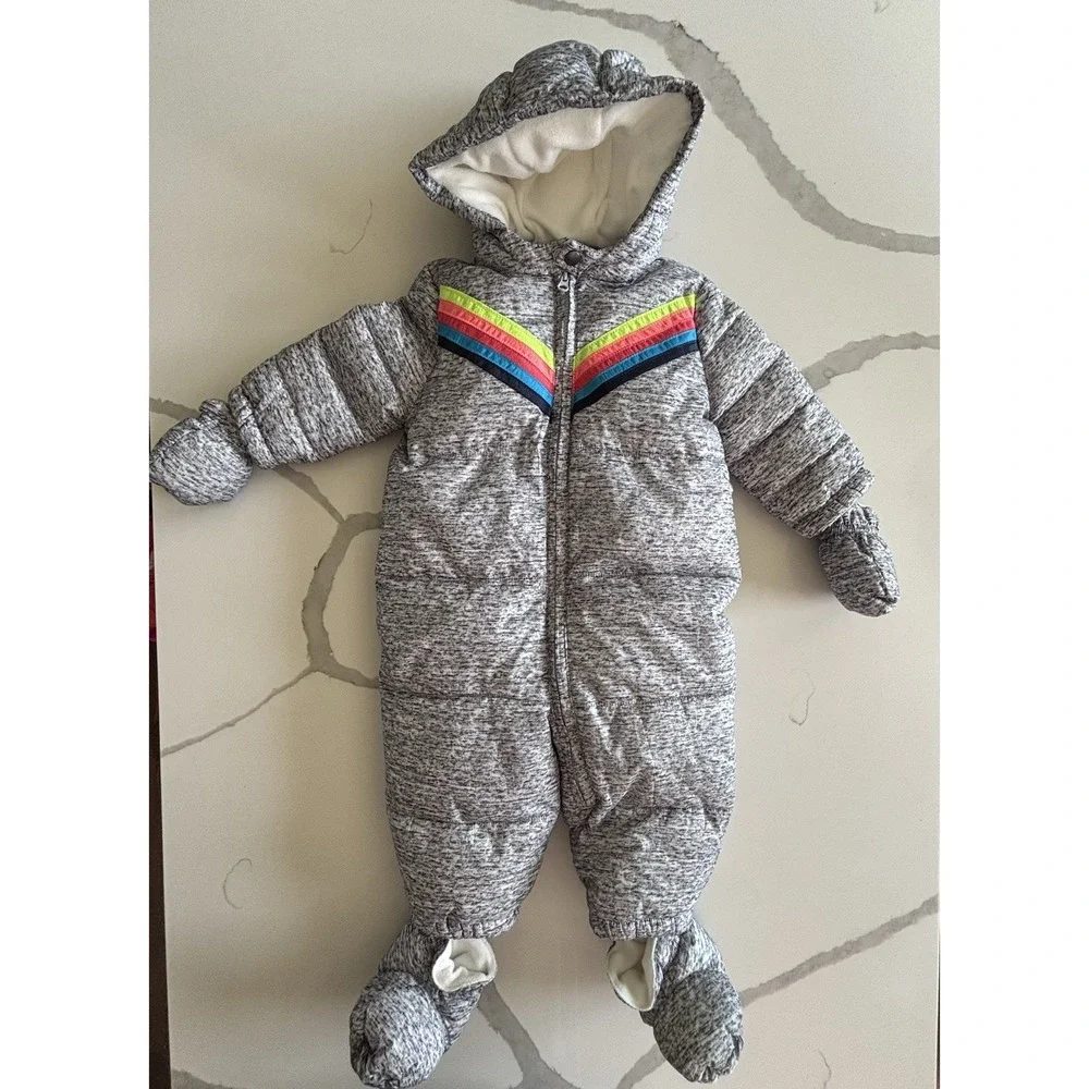 Gymboree Baby Gray Heathered Puffer Snowsuit Chevron Stripe 6-12 Months NWOT